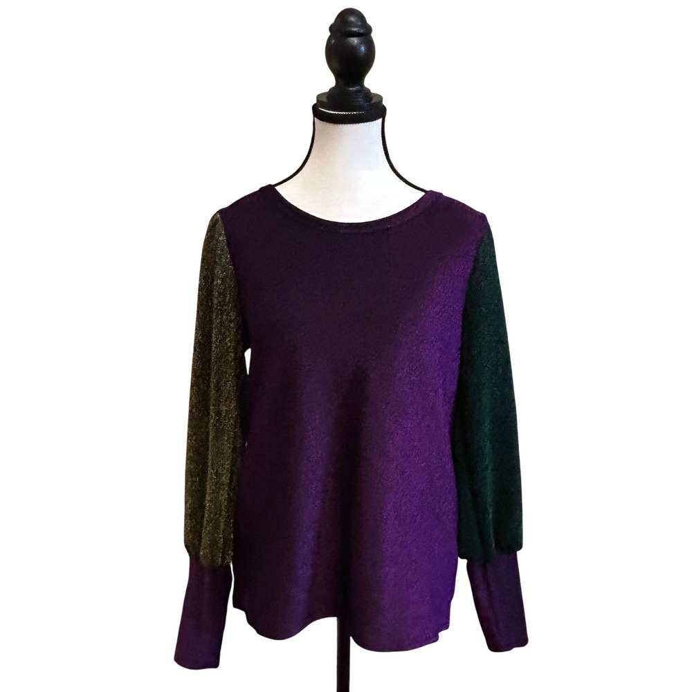 Plush Appeal Metallic Purple Color Block Long‎ Sleeve Top - Party Fun